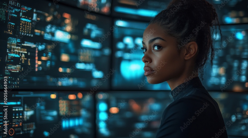 Poster A woman is staring at a computer screen with many numbers and letters on it