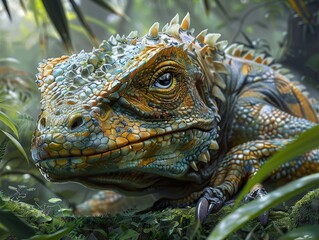 Obraz premium Close-Up Portrait of a Vibrant Lizard in a Lush Jungle