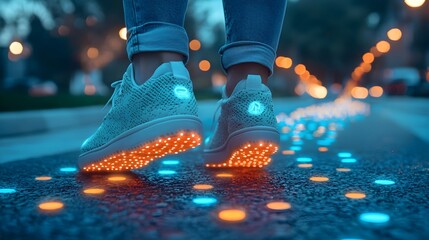 A futuristic road made of glowing footprints that light up with social media posts browsing history and digital data   a visually striking metaphor for the interconnected