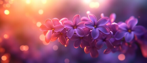 In a tranquil garden, clusters of vibrant purple flowers bloom, glowing softly against a blurred, colorful backdrop at dawn, creating a serene atmosphere