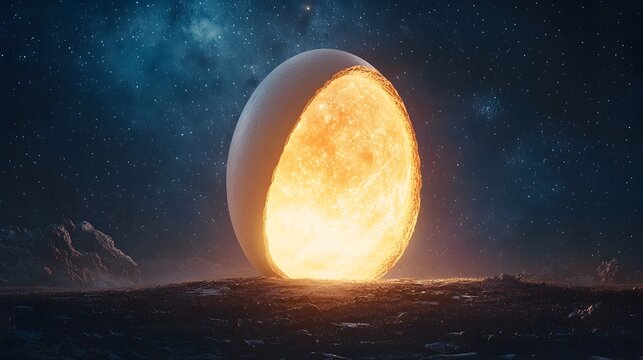 A glowing luminous egg nestled within the vast cosmic expanse symbolizing the potential for new beginnings future the endless possibilities of the universe