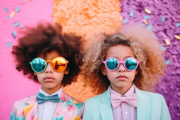 Two fashionable kids with colorful funky sunglasses in front of New Year party setting.