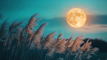 Fototapeta premium Full moon and Japanese pampas grass in midnight,The harvest Miscanthus sinensis and full moon,beautiful night sky in the countryside with the perfect moon exudes beauty in the dark.