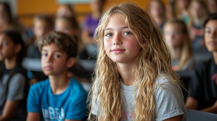 A classroom scene featuring a girl with long hair and a boy, both engaged in learning.