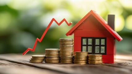 Red Upward arrow on money coin stack as growth graph steps in home shape symbol,Savings, income, home investment, real estate price value, property profit concepts,the rising price of real estate.	