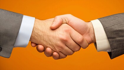 Close-up of two hands shaking, symbolizing agreement, partnership, and collaboration against an orange background.