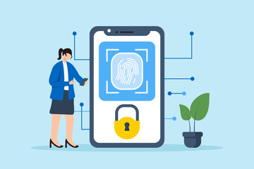 Flat illustration of woman using biometric authentication methods fingerprint scanning to enhance security measures