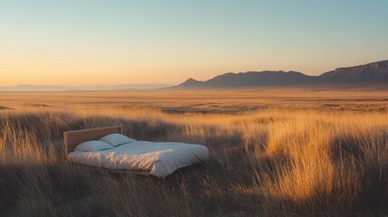 A single bed on a grassy dune hill under a clear sky, isolated and serene, with distant mountains in the background.