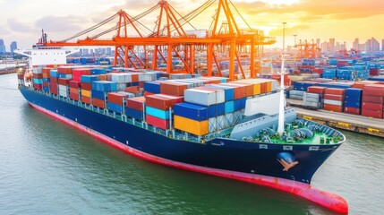 Fototapeta premium Aerial view of a cargo ship entering a port, cranes working to unload containers under the golden light of dawn.