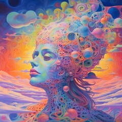 Fototapeta premium A vibrant, surreal portrait blending human form with cosmic elements.