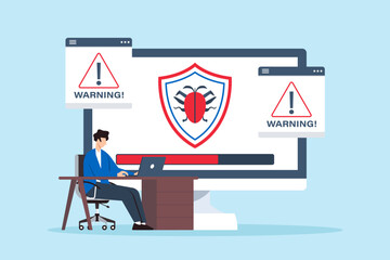 Flat illustration of technician installing anti-malware software on computer with virus scan in progress