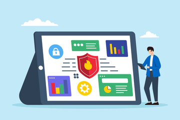 Flat illustration of security consultant holding tablet displaying network protection dashboard