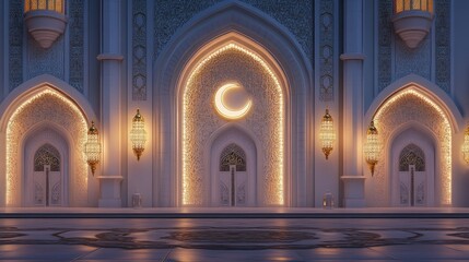 A white mosque's arched entrance, illuminated by soft lanterns, with intricate designs and a crescent moon for Ramadan Kareem