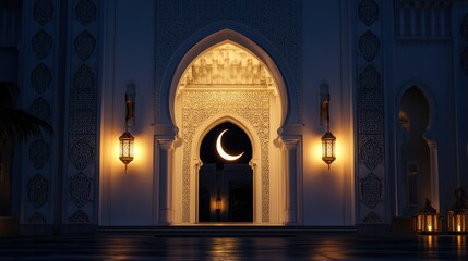 A white mosque's arched entrance, illuminated by soft lanterns, with intricate designs and a crescent moon for Ramadan Kareem