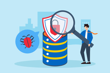 Flat illustration of cybersecurity engineer conducting penetration testing on company database © VZ_Art