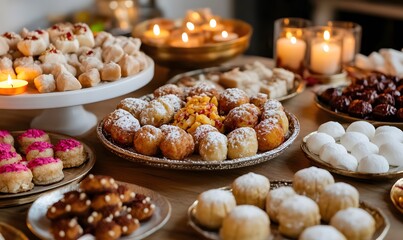 Fototapeta premium Table full of Diwali sweets like laddoos, barfis and gulab jamuns on colorful plates, Generative AI 