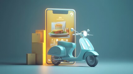 E-commerce concept, Delivery service on mobile application, Transportation or food delivery by scooter, 3d rendering. 