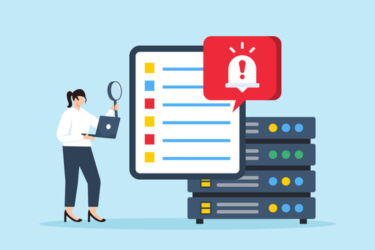 Flat illustration of data security expert inspecting security logs with alert notifications popping up