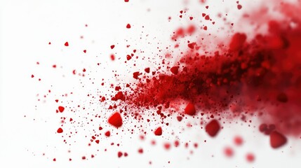 Abstract red particles scattered against a plain white background, forming a vibrant and energetic scene.