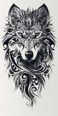 Obraz premium A stunning black and white tribal wolf tattoo design featuring intricate patterns and swirling details, perfect for tattoo enthusiasts and art lovers.