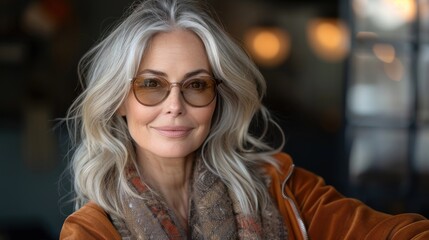 Elegant woman with gray hair and sunglasses enjoying a  cozy café atmosphere on a sunny afternoon. Generative AI