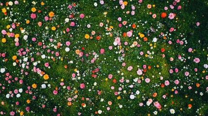 Aerial perspective of a grass field filled with colorful flowers, creating a lively background pattern.
