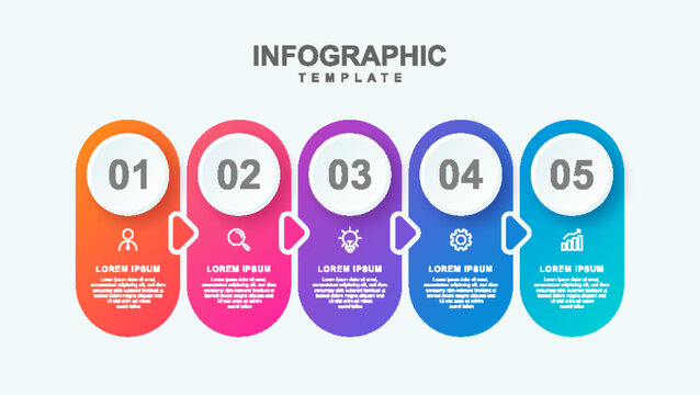 Design template for vector infographic labels with icons and 5 steps to illustrate a business process. Suitable for presentations, reports, marketing materials, and internal training.