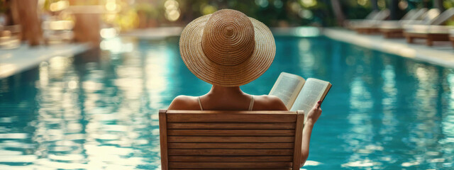 Young woman reading a book near a swimming pool at a tropical resort