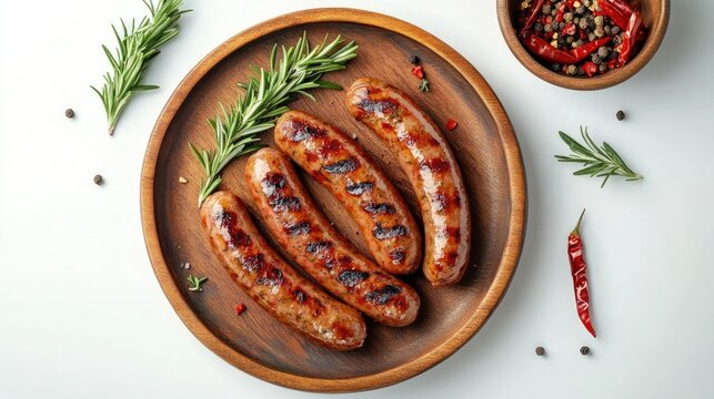 Aerial view of grilled sausages on a wooden plate, accompanied by rosemary and chili, isolated on a white surface