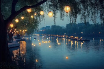 A picturesque view of a river lit up by floating lanterns at dusk.