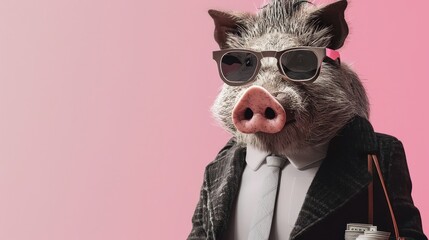 A pig in a suit and sunglasses with a briefcase full of cash on a pink background.
