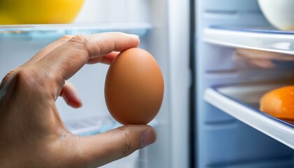 hand holding a egg, a person's hand removes an egg from the refrigerator to eat