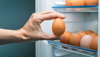 eggs in a fridge, a person's hand removes an egg from the refrigerator to eat
