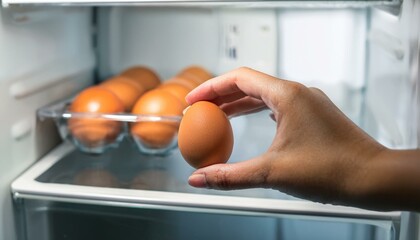 eggs in a fridge, a person's hand removes an egg from the refrigerator to eat