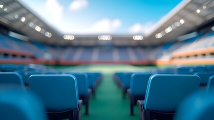 Fototapeta premium Abandoned Tennis Stadium Bathed in Warm Afternoon Light An Empty Court with Rows of Vacant Seats Awaiting the Next Match