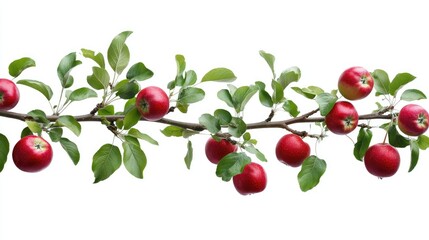 Obraz premium Apple tree branch laden with ripe red fruits and green leaves, isolated against a white backdrop