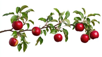 Apple tree branch with shiny red apples and lush green leaves, isolated on a clean white background