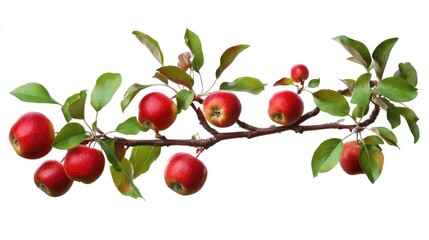 Obraz premium Apple tree branch laden with ripe red fruits and green leaves, isolated against a white backdrop