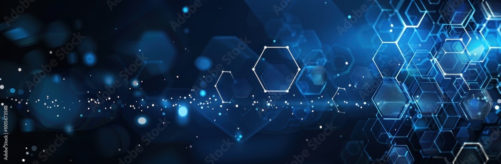 Poster Abstract Blue Hexagon Pattern with White Lines and Glowing Dots