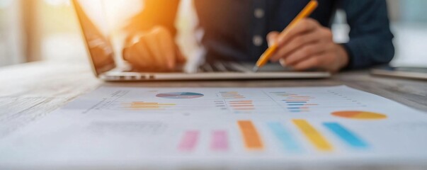 A focused professional analyzing data on a laptop with printed charts and graphs on a desk, representing productivity and teamwork.