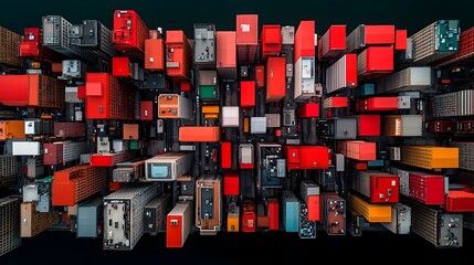 Aerial drone view of packages and parcels arranged in the shape of a city map symbolizing the efficient local delivery and distribution network of a modern logistics