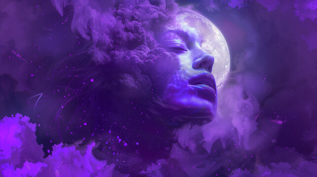 Surreal portrait of a woman blending with a glowing moon, floating in purple clouds, evoking a dreamlike atmosphere of tranquility and cosmic introspection.