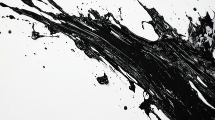 Black paint splashes and strokes on a white surface, isolated and expressive