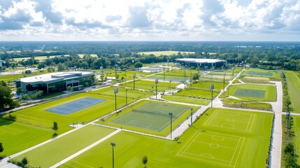 Aerial view of a modern minimalist outdoor sports complex with a grid like layout of multiple empty courts and playing fields ready for athletic events competitions and recreational activities