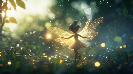 Fototapeta premium A Fairy with Golden Wings and a Wand Casts a Spell in a Magical Forest