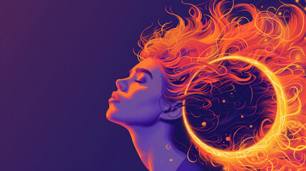 Fiery-haired woman gazing upwards, her hair ablaze like flames against a glowing orange sun in a surreal cosmic environment.