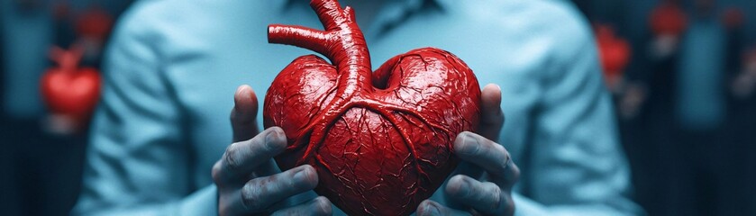 A person holding a vibrant red heart, symbolizing love, health, and emotional connection in a creative and artistic manner.