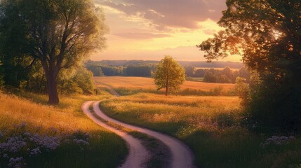 Calm scenery of a field with trees and a winding dirt road, glowing softly in the evening sunset light.