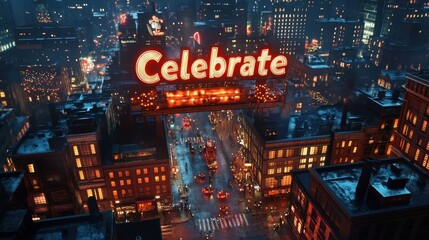 A Neon Sign Illuminates a Snowy City Street at Night