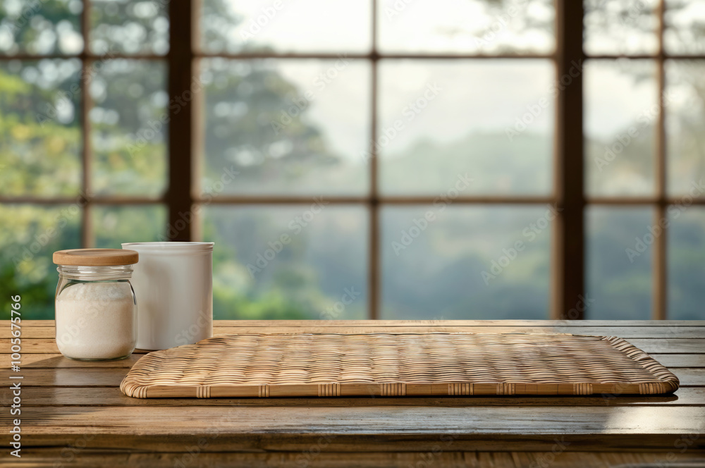 Canvas Prints wooden kitchen utensils lying on wooden table in front of window